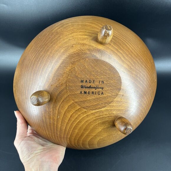 Vintage Footed Wood Salad Bowl Fork Spoon Set By Woodcraftery Made In USA - Picture 12 of 16